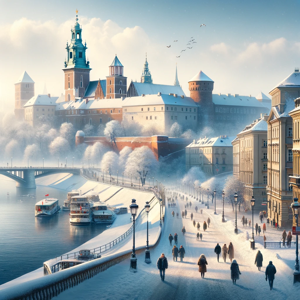 Kraków w lutym – zimowy widok na Wawel i Wisłę