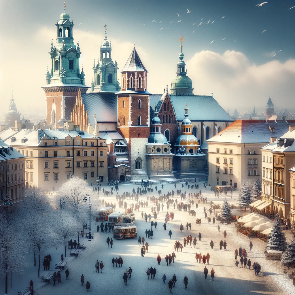 Zimowy widok Krakowa z Wawelem i Rynkiem Głównym pokrytym śniegiem