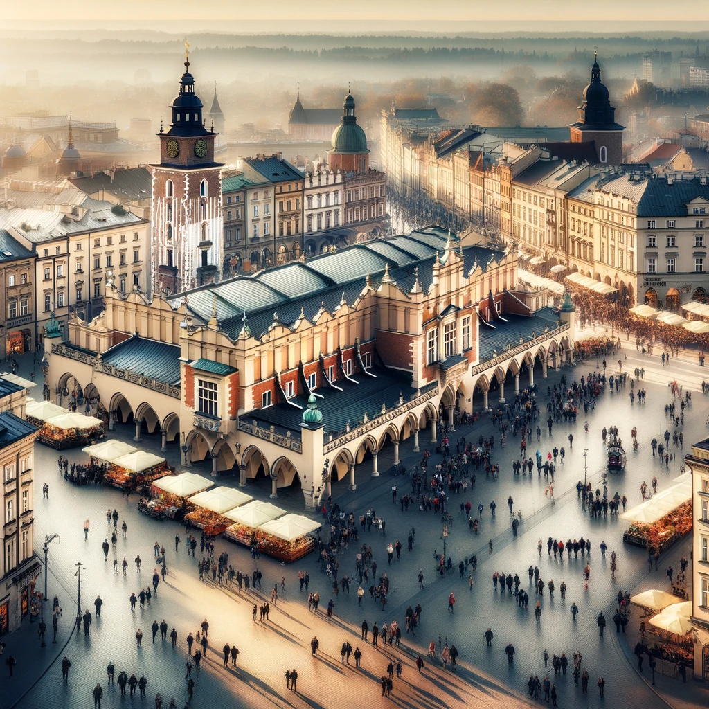 Rynek Główny w Krakowie z widokiem na Sukiennice, ludzie spacerujący i cieszący się rynkiem