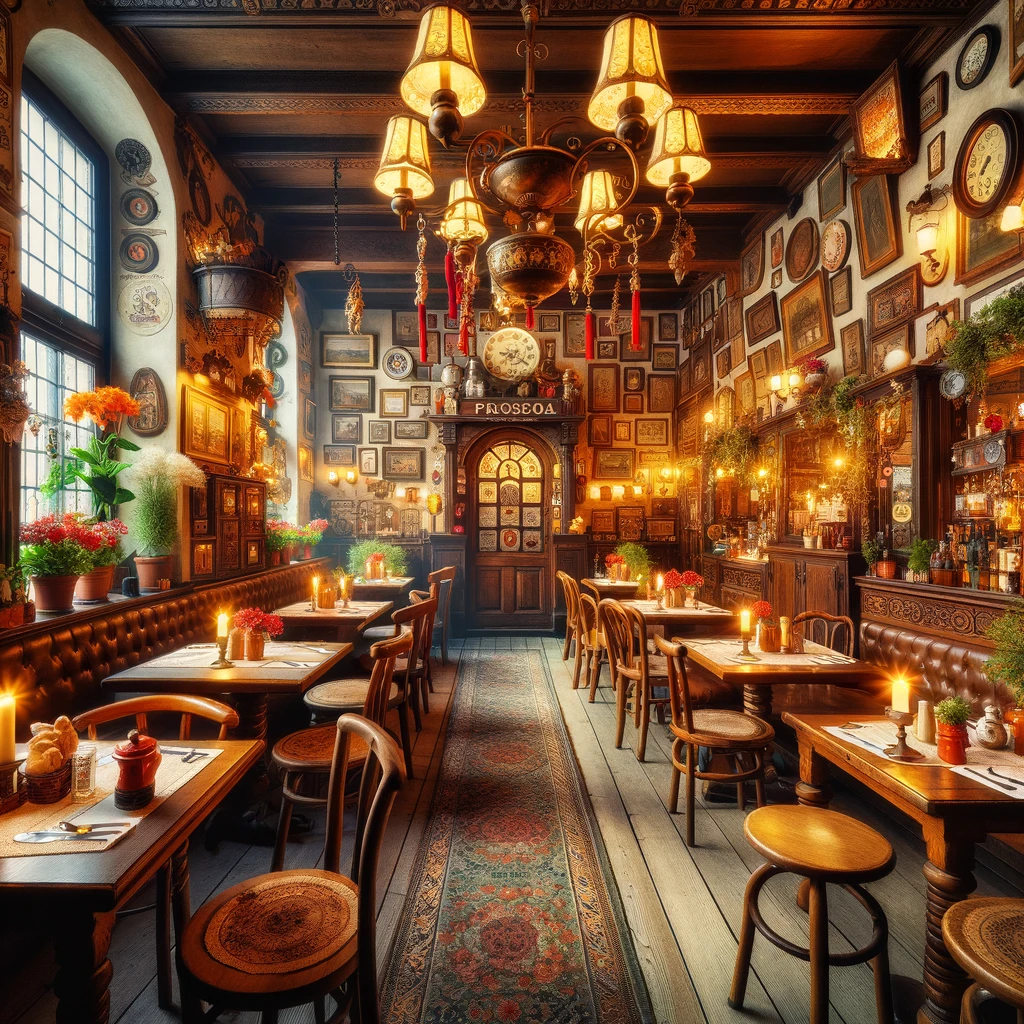 Wnętrze przytulnej, tradycyjnej polskiej restauracji w Krakowie