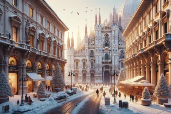 Mediolan zimą - widok na katedrę i ulice pokryte śniegiem
