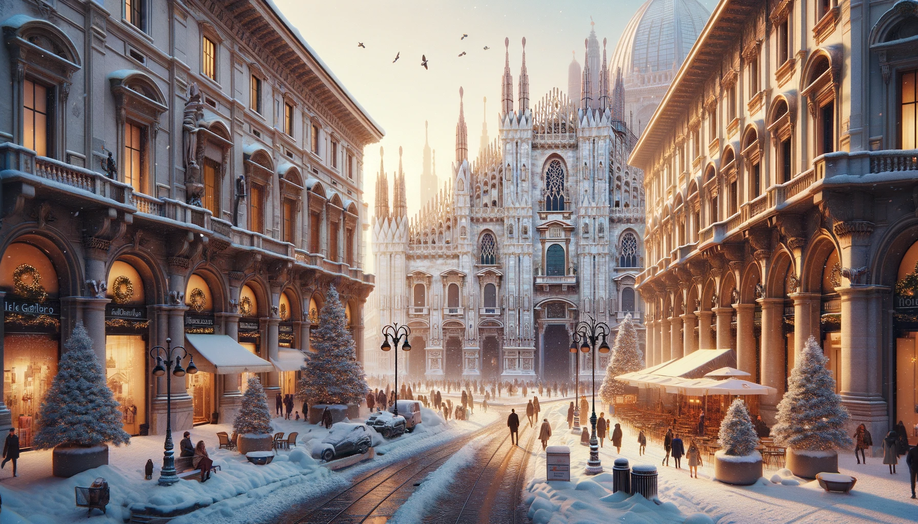 Mediolan zimą - widok na katedrę i ulice pokryte śniegiem