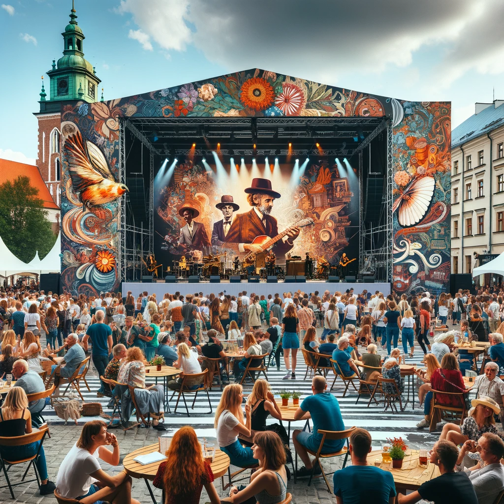 Ludzie cieszący się wydarzeniem kulturalnym w Krakowie, na przykład festiwalem muzycznym czy targami książki