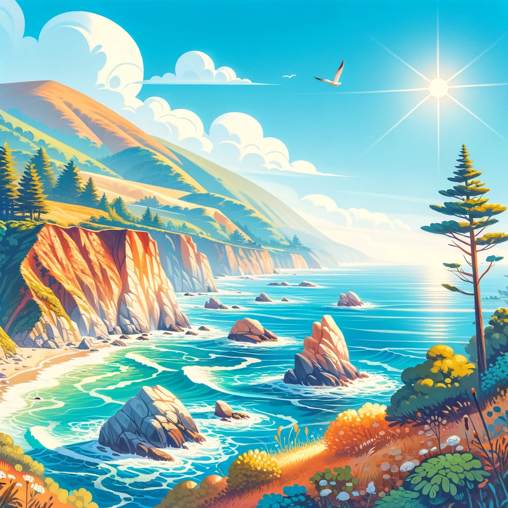 Wesoły obraz Big Sur w Kalifornii, z zapierającymi dech w piersiach klifami i Oceanem Spokojnym