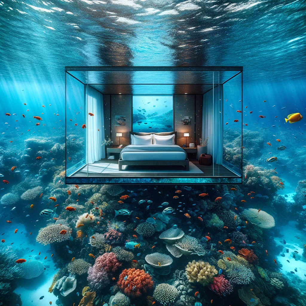 Luksusowy, podwodny pokój hotelowy z panoramicznym widokiem na kolorowe rafy koralowe i tętniące życiem morskie stworzenia.