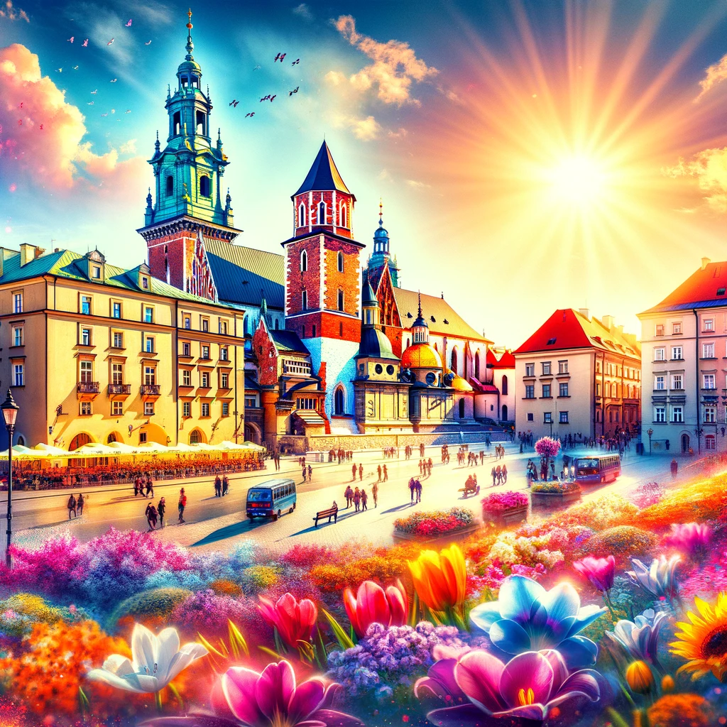 Kraków ożywający wiosną: kwitnące kwiaty i Wawel w tle