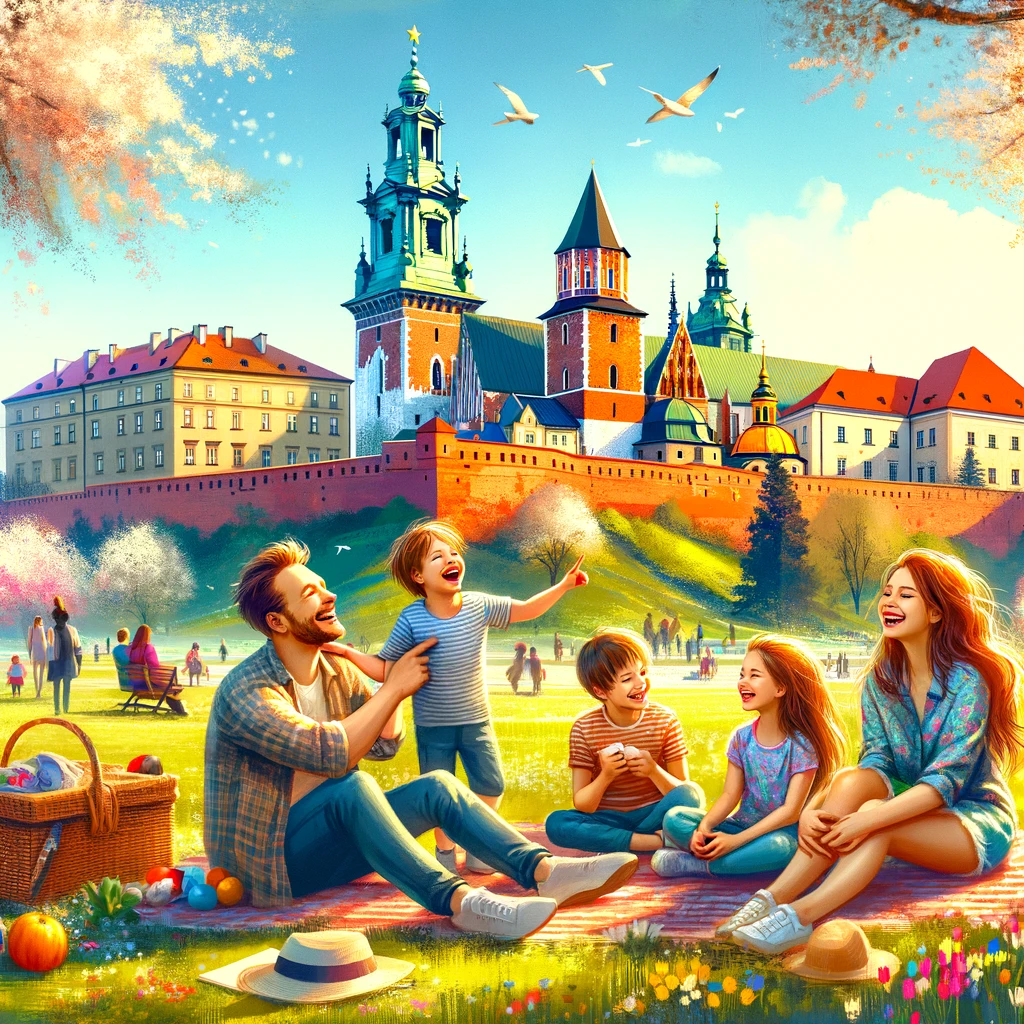 Rodzinna zabawa w Krakowie: dzieci bawiące się w parku, z Wawelem w tle