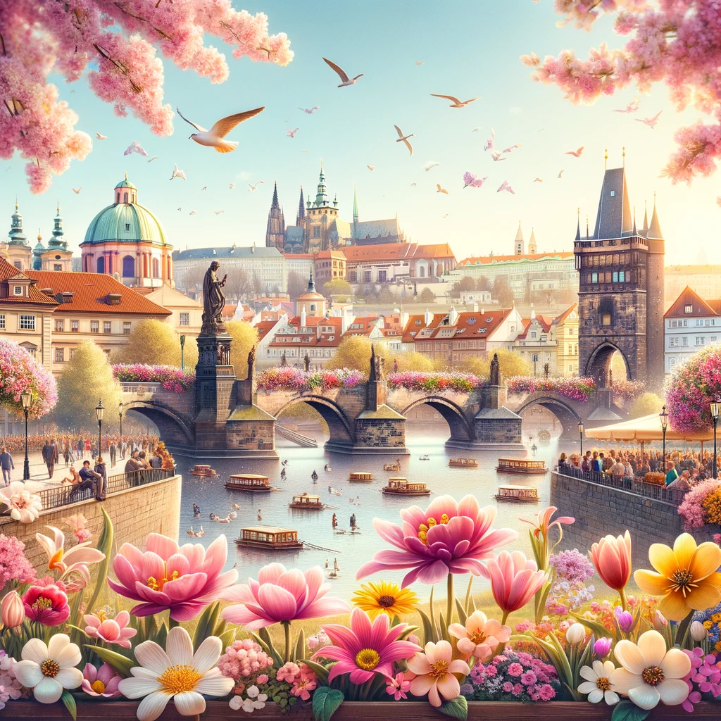 Wiosenna Praga z widokiem na Most Karola i Zamek Praski, otoczona kwitnącymi kwiatami