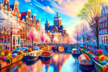 Amsterdam w marcu, kolorowe domy i kwitnące kwiaty nad kanałem