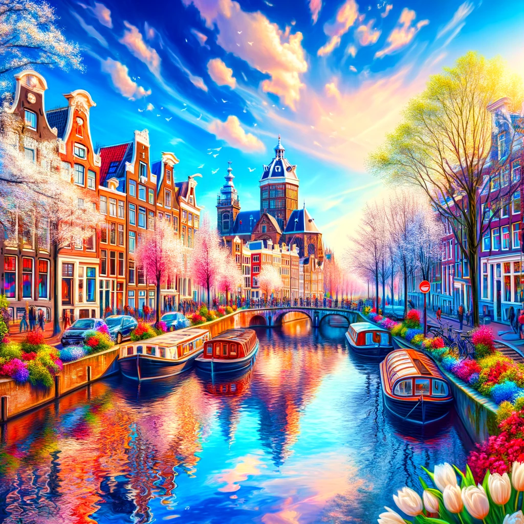 Amsterdam w marcu, kolorowe domy i kwitnące kwiaty nad kanałem