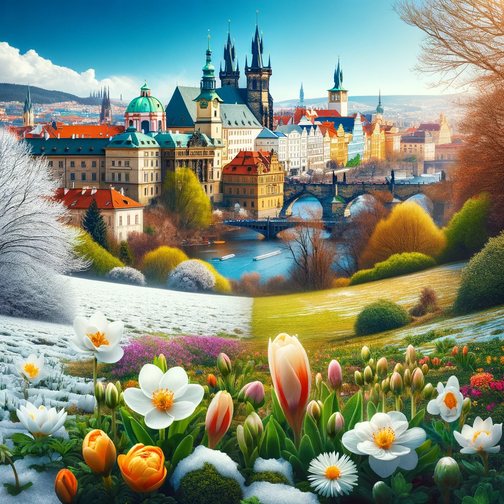 Pejzaż Czech wczesną wiosną z widokiem na Pragę