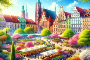 Wrocław wiosną - pejzaż miejski z kwitnącymi kwiatami i zielenią, ludzie cieszą się na zewnątrz.