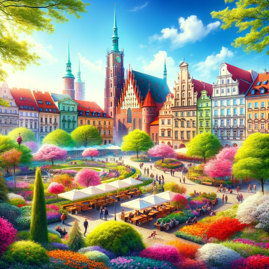 Wrocław wiosną - pejzaż miejski z kwitnącymi kwiatami i zielenią, ludzie cieszą się na zewnątrz.