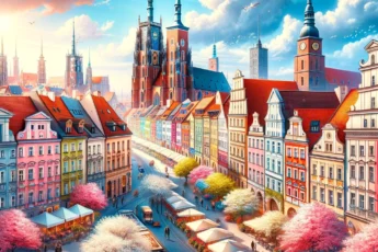 Wrocław wiosną - kolorowe budynki i kwitnące kwiaty.