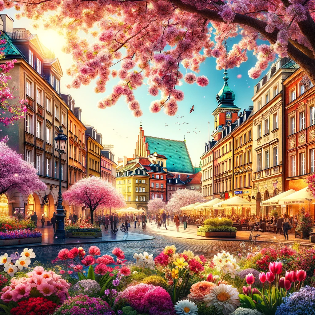 Warszawa w kwietniu, kolorowe kwiaty i historyczna architektura
