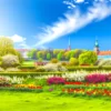 Wiosenna sceneria w Polsce z kwitnącymi kwiatami i charakterystyczną architekturą w tle