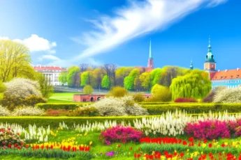 Wiosenna sceneria w Polsce z kwitnącymi kwiatami i charakterystyczną architekturą w tle
