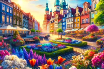 Żywy i atrakcyjny wiosenny widok Poznania w maju, ukazujący historyczną architekturę miasta otoczoną kwitnącą roślinnością.