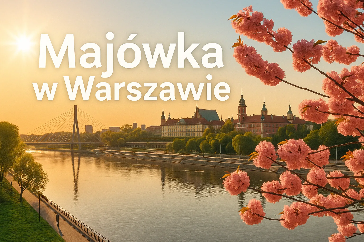 Majówka w Warszawie – widok na Wisłę, Stare Miasto i kwitnące wiśnie w maju, zachód słońca