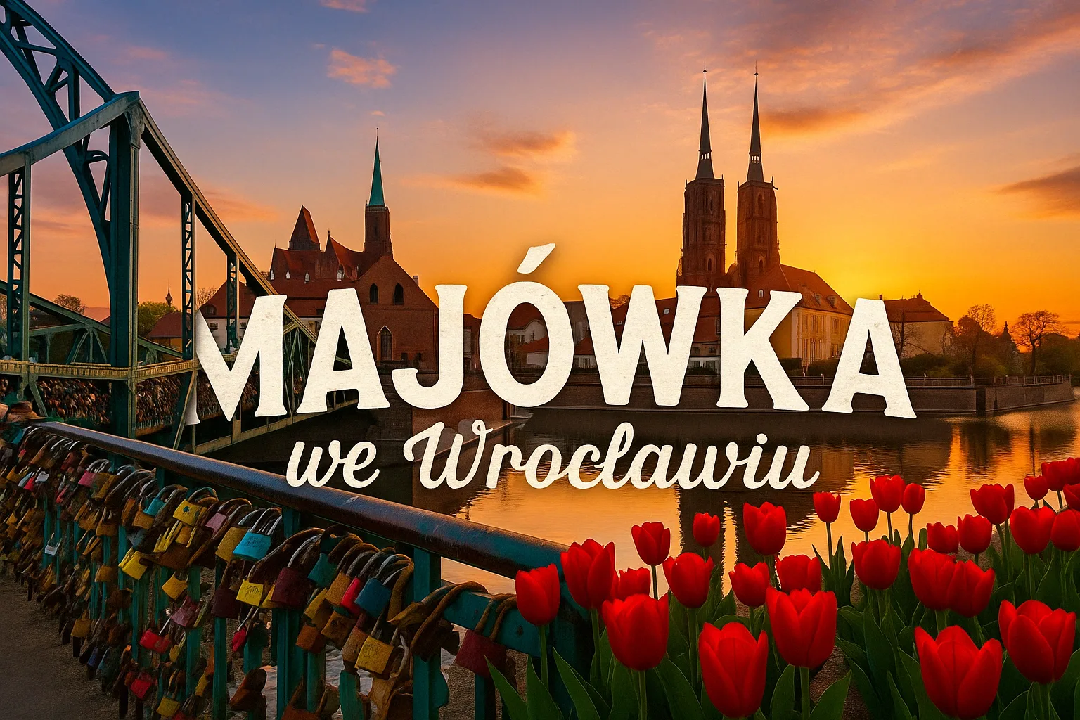 Majówka we Wrocławiu – napis wpisany w architekturę Ostrowa Tumskiego o zachodzie słońca, z odbiciem w Odrze i wiosennym niebem