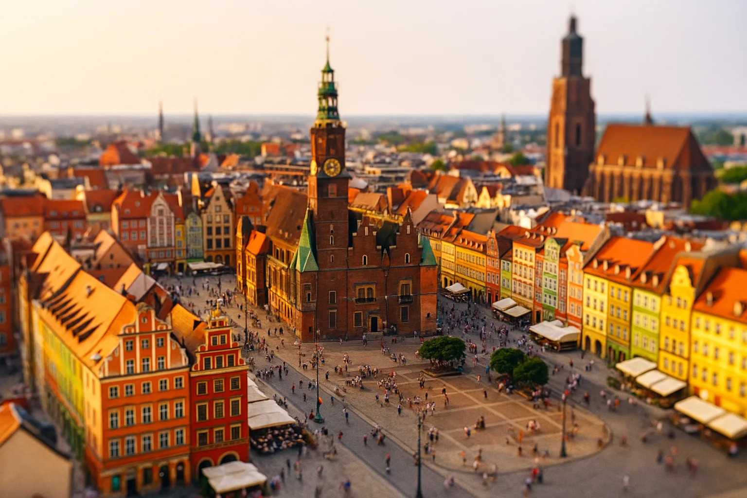 Zachód słońca nad wrocławskim Rynkiem z Ratuszem, tłumami turystów i kolorowymi kamienicami – idealna pora na wizytę