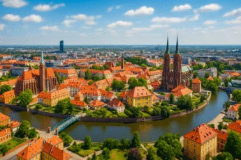Ostrów Tumski we Wrocławiu w czerwcu – panorama miasta nad Odrą z czerwonymi dachami i zielenią