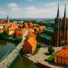 Ostrów Tumski we Wrocławiu w czerwcu – widok tilt-shift na most i katedrę" title="Ostrów Tumski we Wrocławiu w czerwcu – widok tilt-shift na most i katedrę