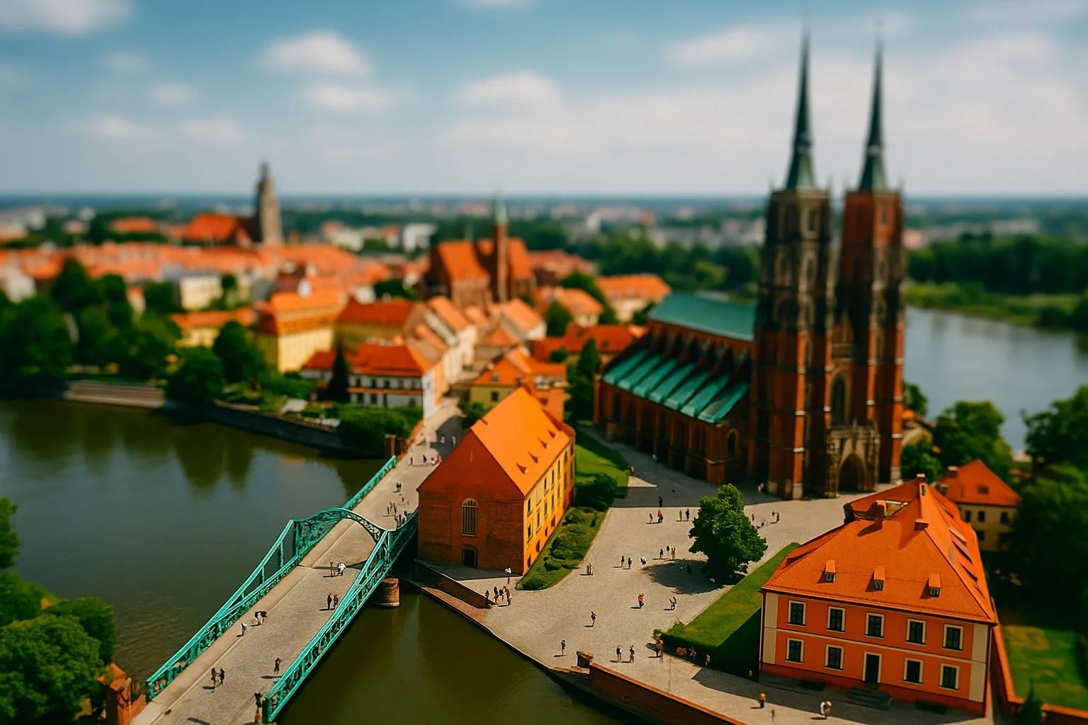 Ostrów Tumski we Wrocławiu w czerwcu – widok tilt-shift na most i katedrę" title="Ostrów Tumski we Wrocławiu w czerwcu – widok tilt-shift na most i katedrę