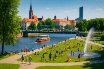 Rodziny z dziećmi bawiące się w fontannie i na trawie nad Odrą we Wrocławiu w letnie popołudnie, w tle tramwaj i statek pasażerski