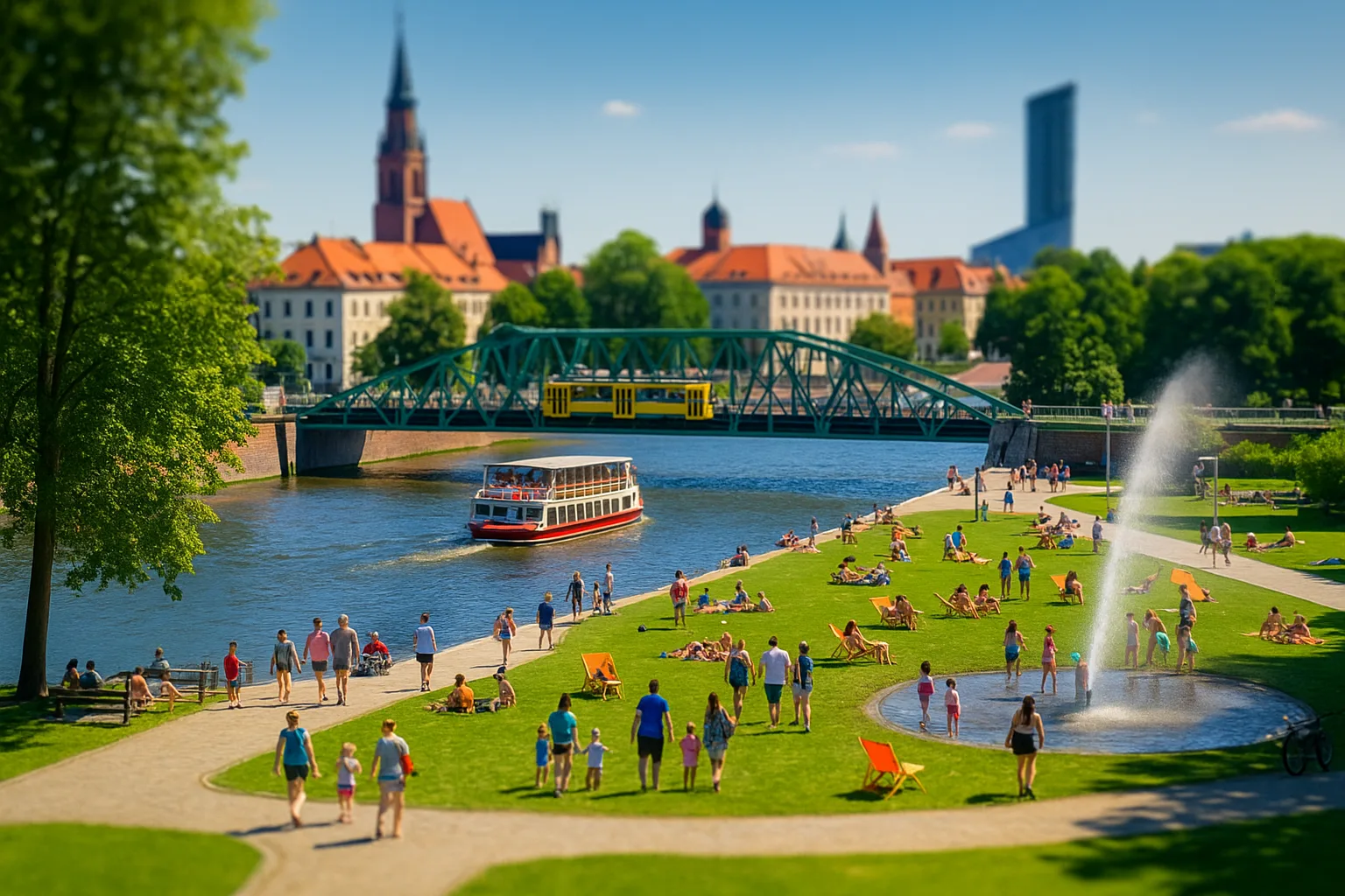Rodziny z dziećmi bawiące się w fontannie i na trawie nad Odrą we Wrocławiu w letnie popołudnie, w tle tramwaj i statek pasażerski