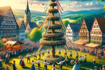 Majówka w Niemczech - taniec wokół słupa majowego, tradycyjne gry i świętowanie na łonie natury.