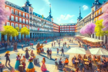 Madryt w maju - pełen słońca i kultury. Plac Mayor ożywiony barwami wiosny.