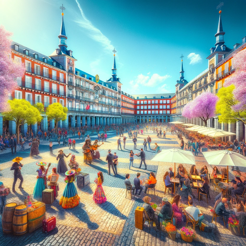 Madryt w maju - pełen słońca i kultury. Plac Mayor ożywiony barwami wiosny.