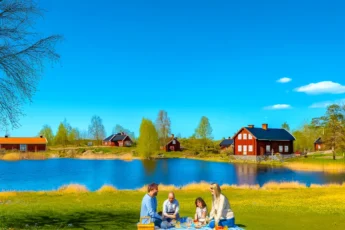 Rodzina cieszy się piknikiem na łonie przyrody w Szwecji, maj
