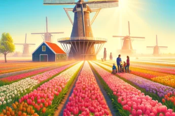 Tulipany i wiatraki w Holandii w maju