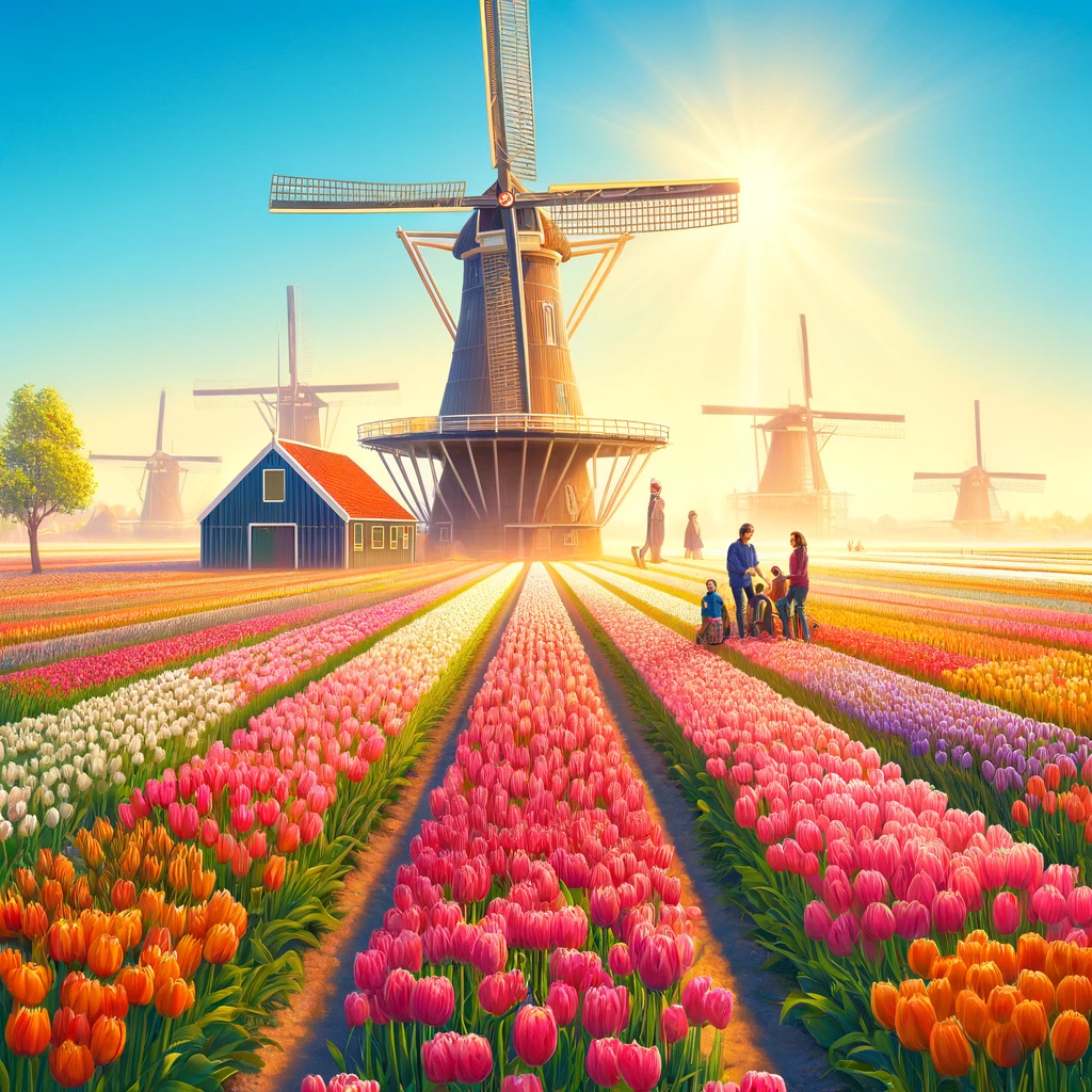 Tulipany i wiatraki w Holandii w maju