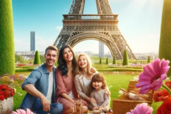 Rodzina cieszy się słonecznym dniem obok Wieży Eiffla w Paryżu, Francja