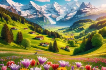 Krajobraz Szwajcarii wiosną z zielonymi polami i kwitnącymi dzikimi kwiatami na tle ośnieżonych gór.