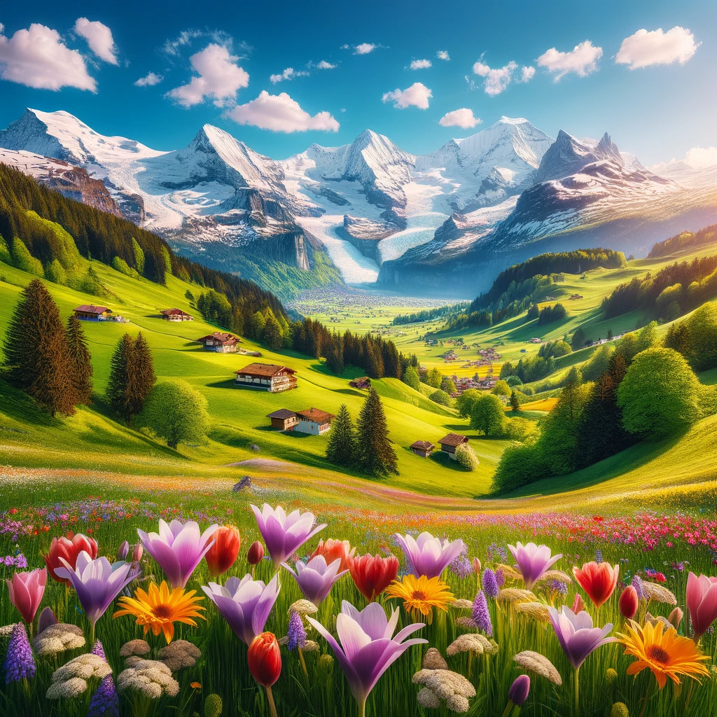 Krajobraz Szwajcarii wiosną z zielonymi polami i kwitnącymi dzikimi kwiatami na tle ośnieżonych gór.