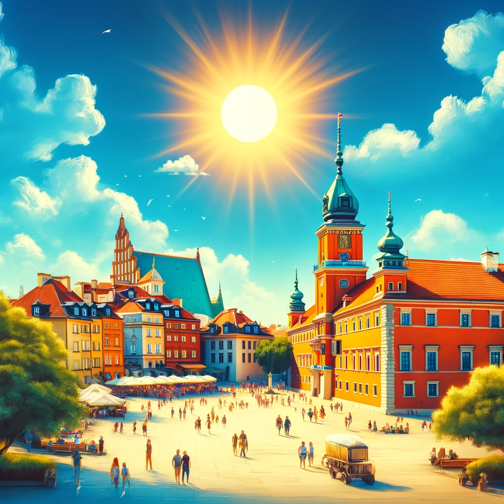 Słoneczny dzień w Warszawie, widok na Zamek Królewski, turyści cieszą się letnią pogodą