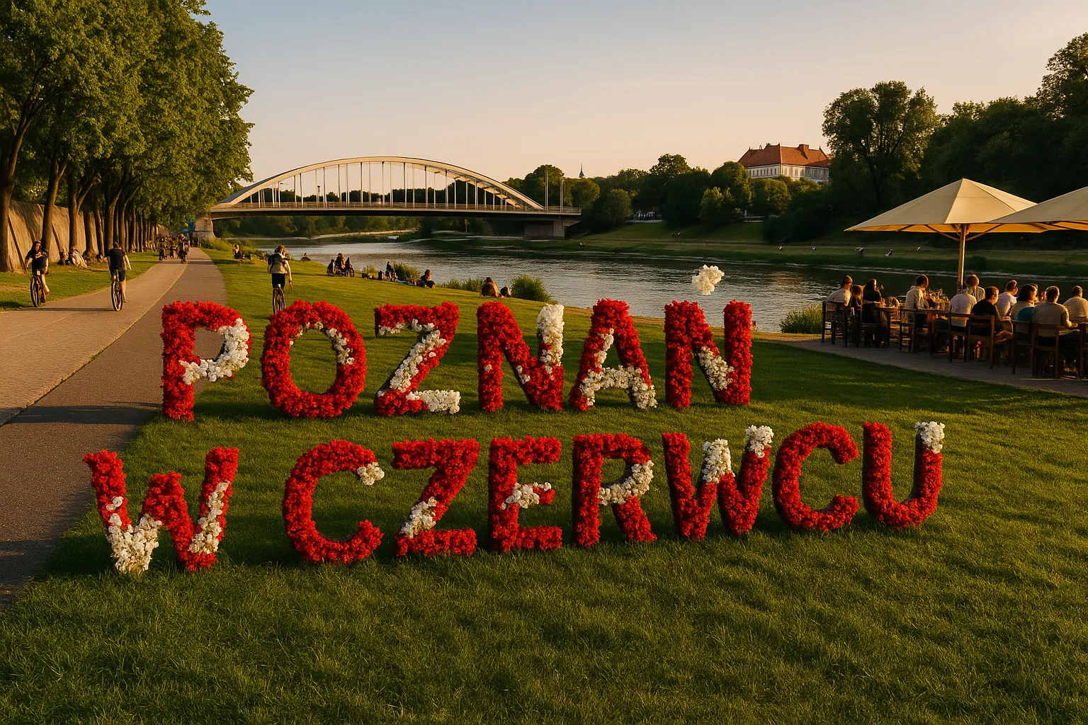 Poznań w czerwcu – widok na miasto z kreatywną typografią zintegrowaną w zdjęciu