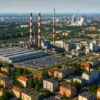 Panorama przemysłowego Wrocławia z widoczną fabryką, kominami i otaczającą zabudową mieszkalną – kluczowe sektory przemysłu