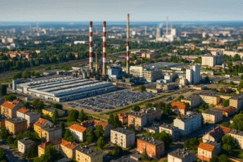 Panorama przemysłowego Wrocławia z widoczną fabryką, kominami i otaczającą zabudową mieszkalną – kluczowe sektory przemysłu