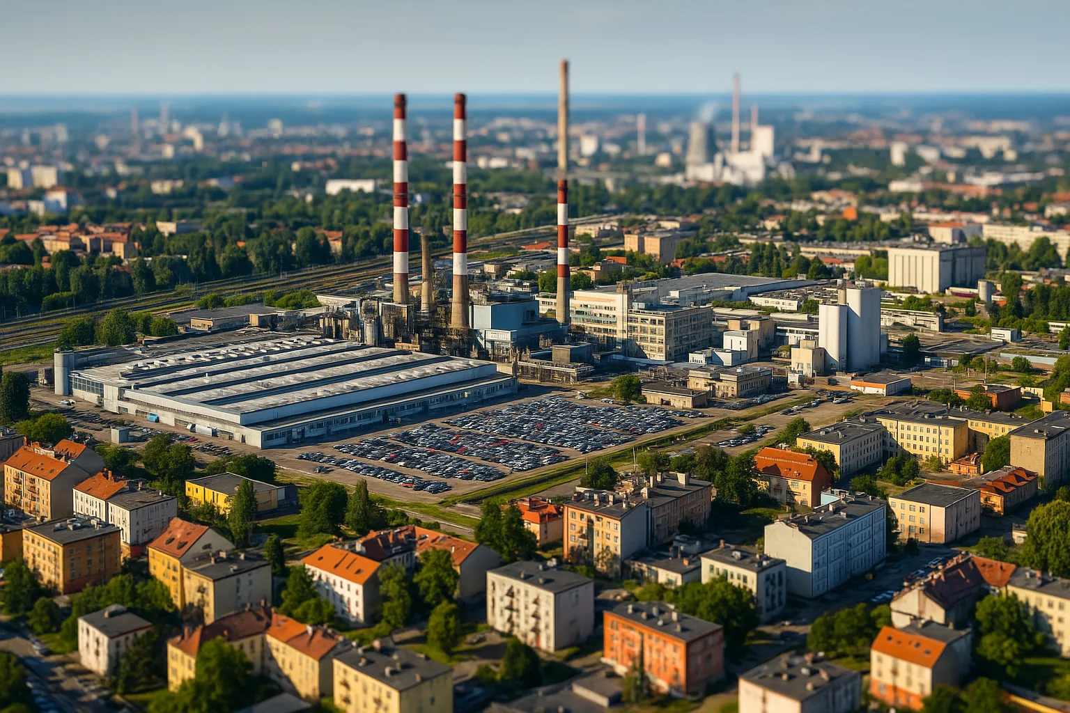 Panorama przemysłowego Wrocławia z widoczną fabryką, kominami i otaczającą zabudową mieszkalną – kluczowe sektory przemysłu