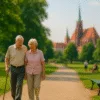 Starsza para spacerująca alejką w zielonym parku we Wrocławiu z widokiem na katedrę – spokojne miejsce dla seniorów