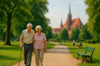 Starsza para spacerująca alejką w zielonym parku we Wrocławiu z widokiem na katedrę – spokojne miejsce dla seniorów