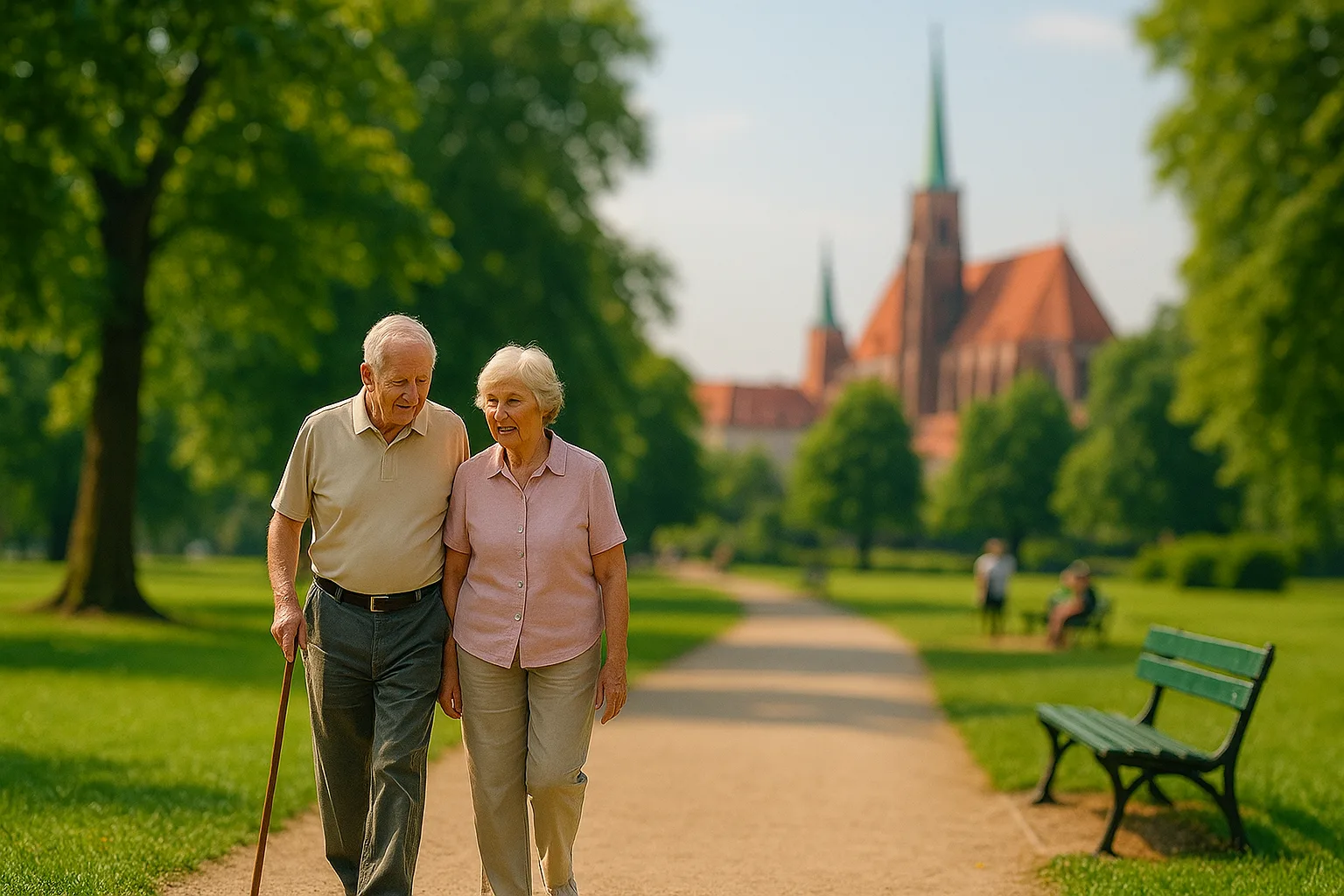 Starsza para spacerująca alejką w zielonym parku we Wrocławiu z widokiem na katedrę – spokojne miejsce dla seniorów