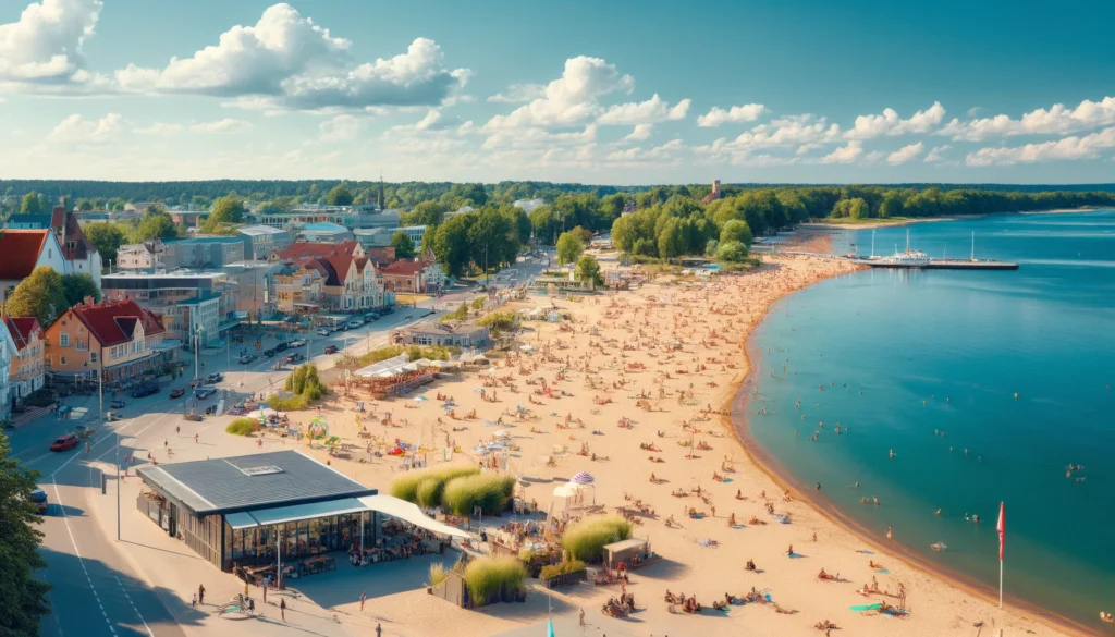 Plaża w Pärnu, Estonia z szerokim, złotym piaskiem i czystą, błękitną wodą. Ludzie korzystają ze słońca, pływają i bawią się na plaży.