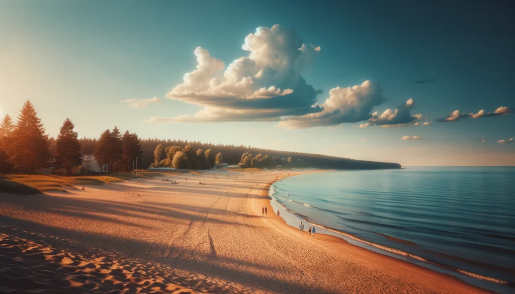 Plaża w Narva-Jõesuu, Estonia z długim, złotym piaskiem i spokojną, błękitną wodą. Ludzie spacerują wzdłuż brzegu, a atmosfera jest spokojna.