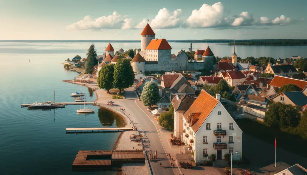 Urokliwe miasteczko Haapsalu w Estonii z malowniczą zatoką, spokojną wodą i zabytkowym zamkiem w tle.